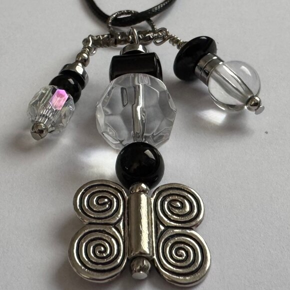 Necklace handmade 3 tier dangle silver butterfly black clear silver beads OOAK - Picture 9 of 10
